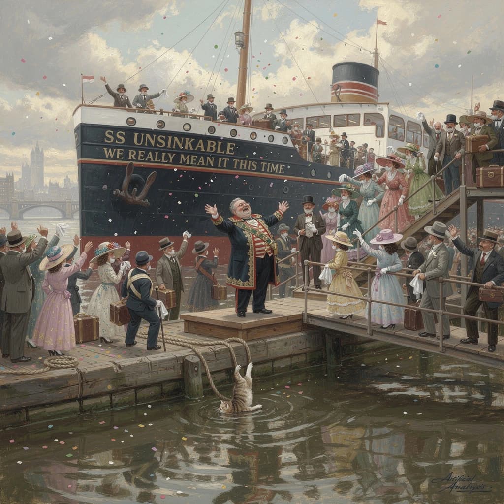 An impressionistic painting of the mighty steamer the "SS Unsinkable We Really Mean It This Time" on a cloudy but bright London morning about to set out on her maiden voyage. A jubilant crowd is gathered on the dock around the paunchy mayor who is making a speech, gesticulating wildly with his hands. The gangways are busy with well heeled ladies and gentlemen making their way onto the ship. A cheeky cat hangs over the water, clinging to the mooring rope after an ill-fated attempt to climb up. The artist has signed his name "Artificial Analysis" in the bottom corner