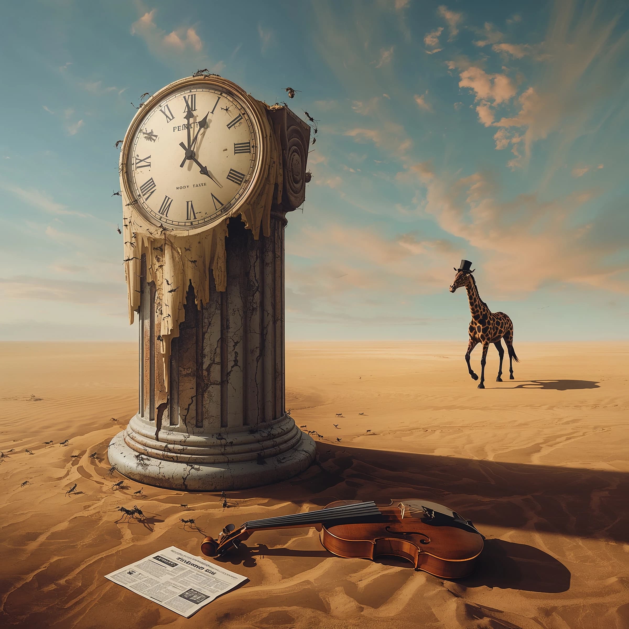 A vast desert plain stretches endlessly under a sky streaked with pale pink and ochre clouds. In the center stands a colossal clock, its face drooping and melting over the edge of a broken marble column. Ants swarm across its warped surface, glinting in the harsh sunlight. To the right, a horse with a giraffe like neck wearing a top hat strides toward the horizon, its shadow stretching miles across the sand. A cracked violin lies half-buried in the foreground, strings snapping outward like veins. Painted in the dreamlike surrealist style. A newspaper named the "Artificial Analysis Daily" lies on the Floor.