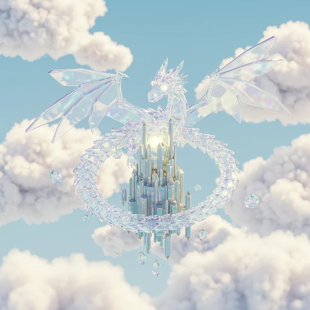 Render an isometric 3D crystal dragon circling a floating tower.