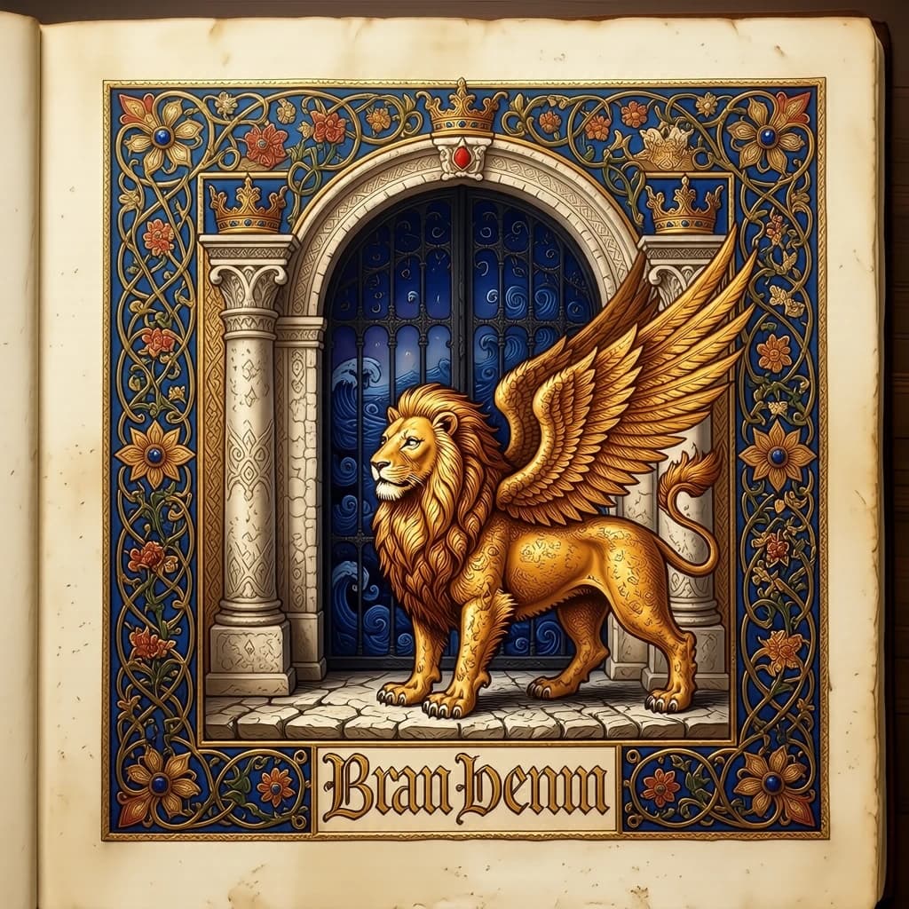 Paint an illuminated manuscript scene of a winged lion guarding a sea gate.