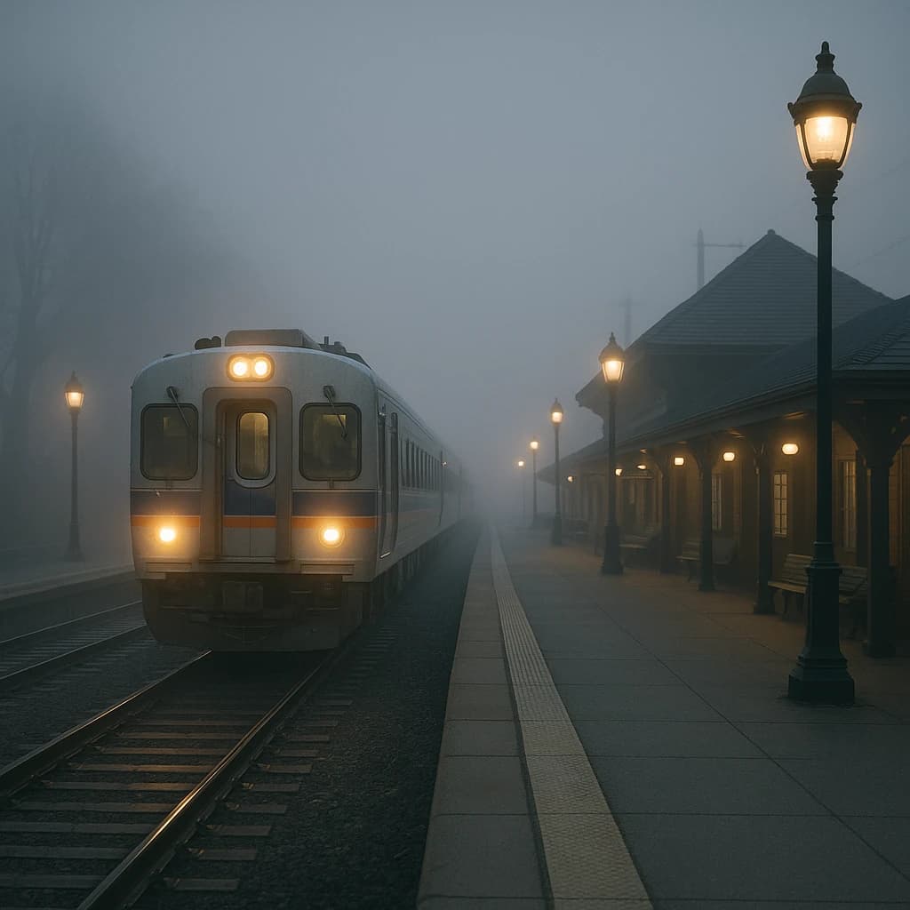 A commuter train enters a foggy little station.