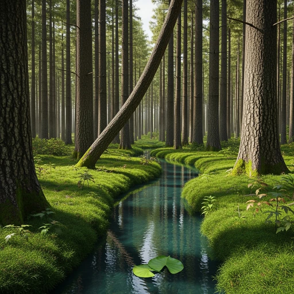 The forest is saturated green, trees identical in height and width, trunks straight, bark texture repeating. One trunk leans diagonally yet the branches remain vertical. The moss is emerald, glistening, though each patch forms identical diamond shapes. A stream runs straight, perfectly linear, water clear, reflecting clouds not visible in the sky. No animals, no insects, but one leaf floats on the water, doubled, showing two overlapping shadows.