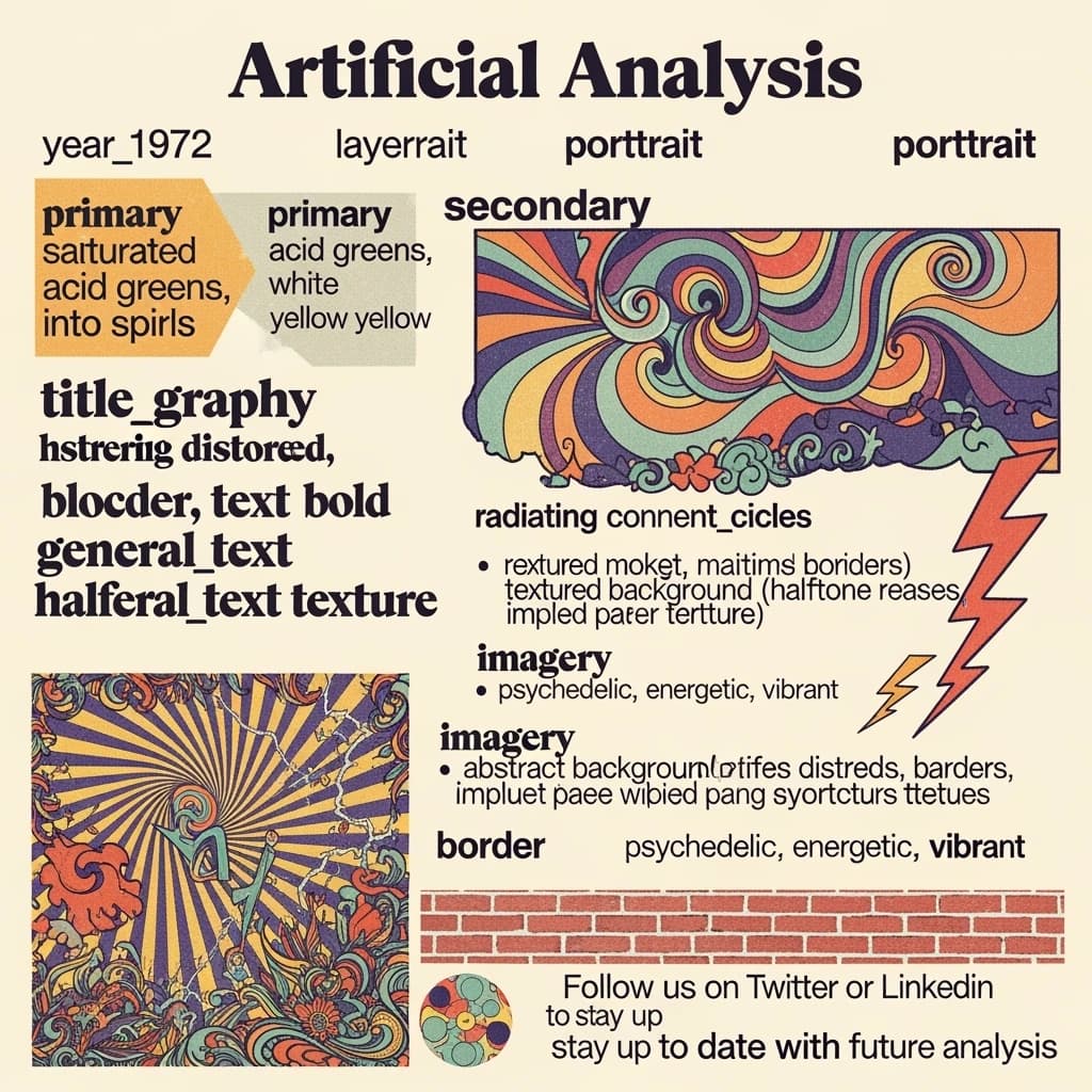 A portrait layout psychedelic concert poster from 1972 bathed in saturated oranges, deep purples, and acid greens. Swirling, hand-drawn typography arcs across the top, spelling out Artificial Analysis in bold, distorted letters that melt into spirals. Surrounded by radiating concentric circles and lightning-bolt motifs. The background is textured with halftone dots and faded paper creases, evoking a well-worn poster taped to a brick wall. Ornate floral borders frame the design, while the bottom features blocky retro lettering listing “Follow us on Twitter or LinkedIn to stay up to date with future analysis” in smaller text. 