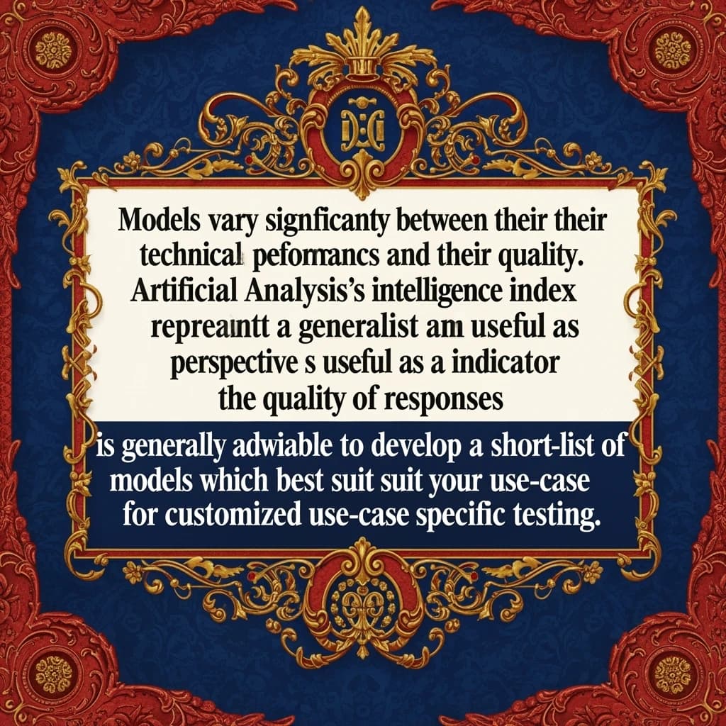 On a flat layout, write in an ornate baroque style "Models vary significantly between their technical performance, features and their quality. Artificial Analysis's intelligence index represents a generalist perspective and is useful as an indicator of the quality of responses. It is generally advisable to develop a short-list of models which best suit your use-case for customized use-case specific testing. "
