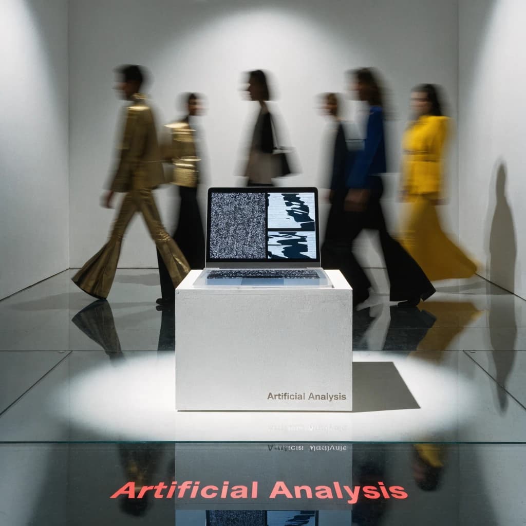 In a spotless gallery space, a pedestal supports a transparent laptop whose screen flickers between static and pristine brand imagery. Shoppers blur past in designer clothes that appear slightly outdated - bell bottoms, metallic jackets. The embossed logo “Artificial Analysis” glints silver, yet its reflection in the glass floor reads in crimson letters. A single spotlight shines, though shadows fall in two directions.