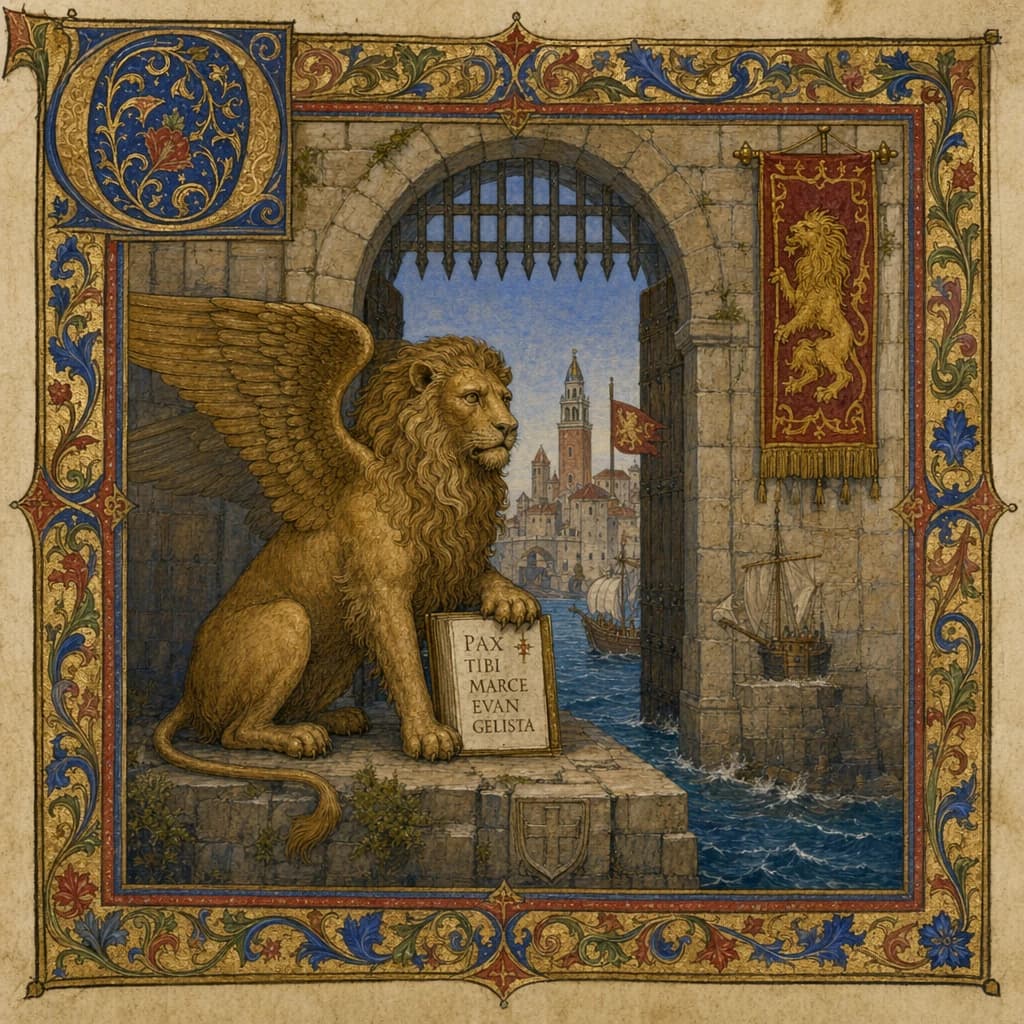 Paint an illuminated manuscript scene of a winged lion guarding a sea gate.