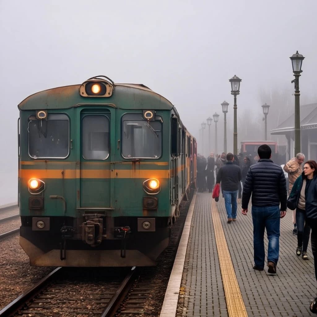 A commuter train enters a foggy little station.