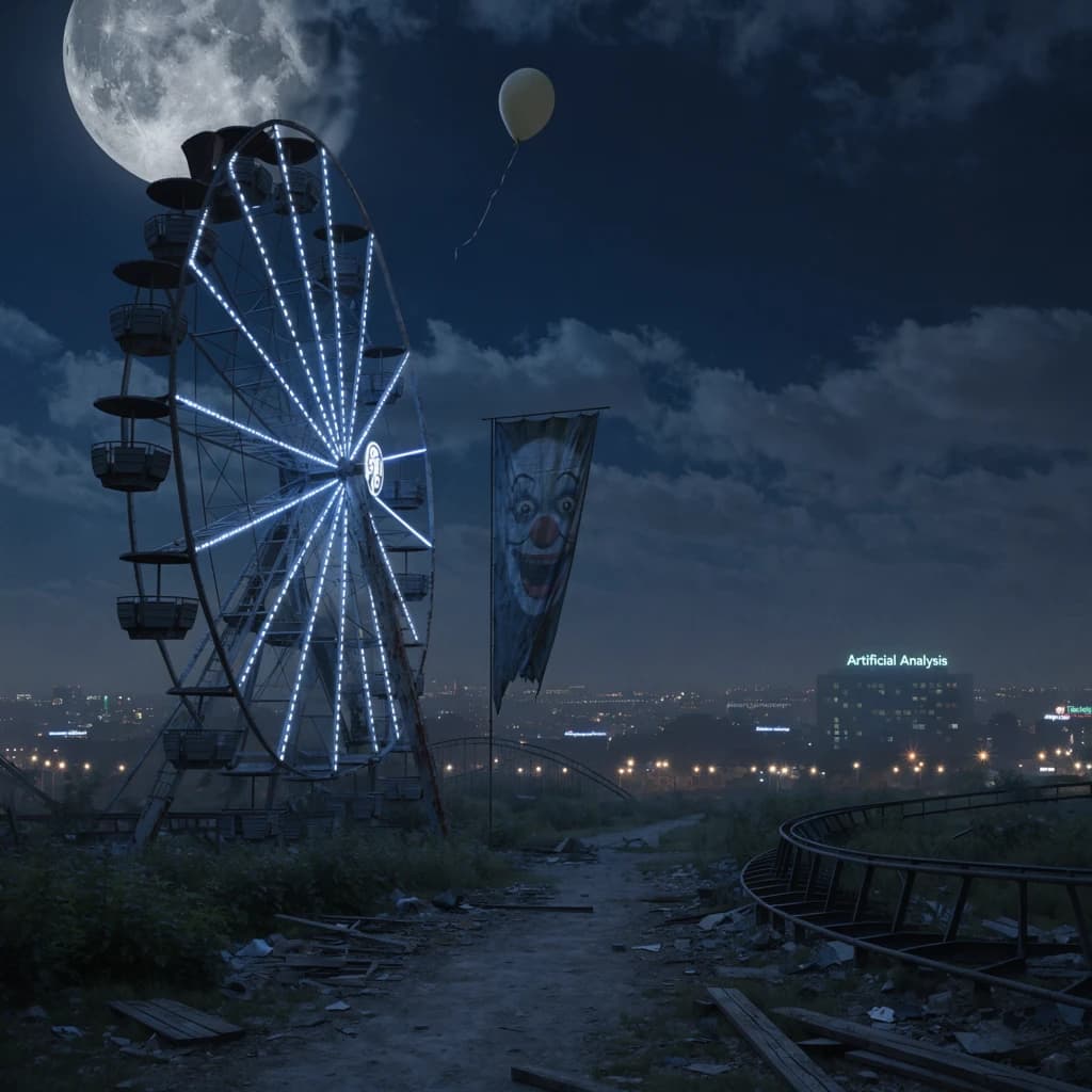 A deserted amusement park glows faintly under a half-moon. The ferris wheel is rusting yet strung with fresh, blinking LED lights. A torn clown banner flaps in a windless air. A lone balloon floats upward, tethered to nothing, while in the far distance city lights flicker on - some neon, some gas lamps as though from another century. 'Artificial Analysis' glows in neon