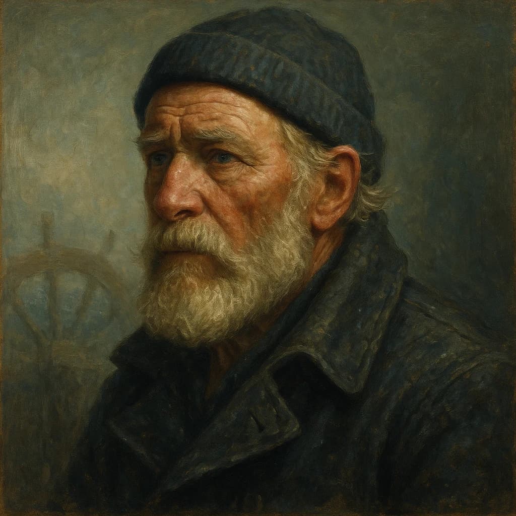 Oil on canvas portrait of an elderly sailor, weathered face, soft light.