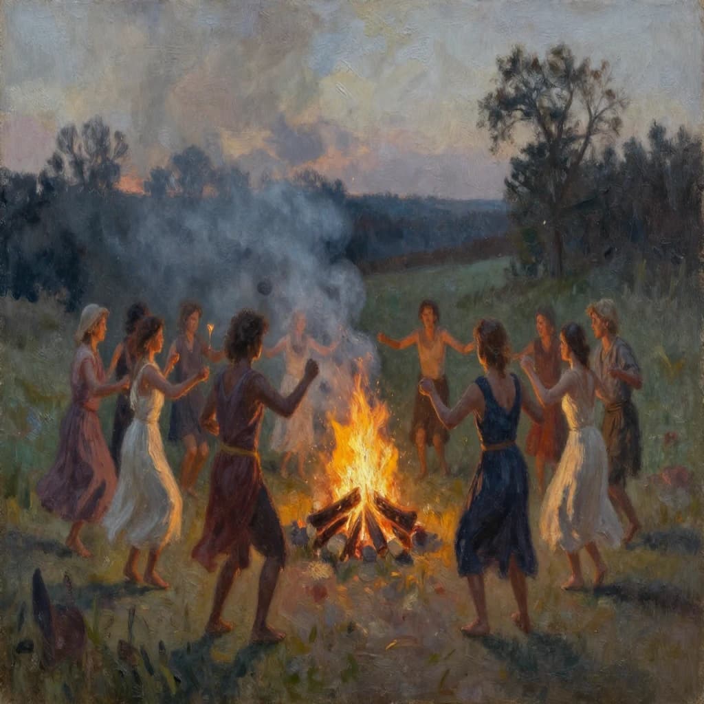 Make an oil painting of villagers dancing by a bonfire at dusk, a bit smoky.