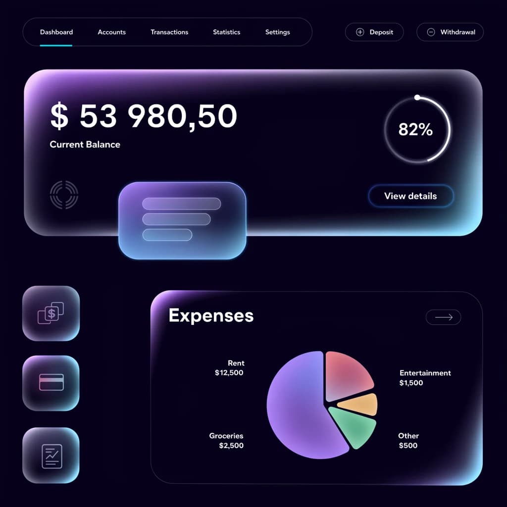 Dark mode banking dashboard with glassmorphism.