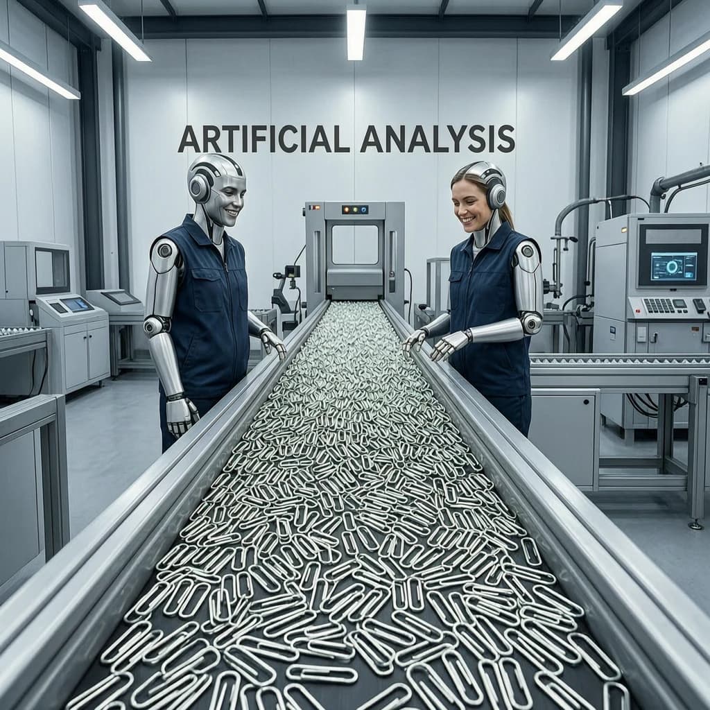 Close up point of view perspective on a conveyor belt pumping out paperclips at a maddening pace. The high tech factory has Artificial Analysis printed proudly on the wall. Robot staff look approvingly over the robust output.