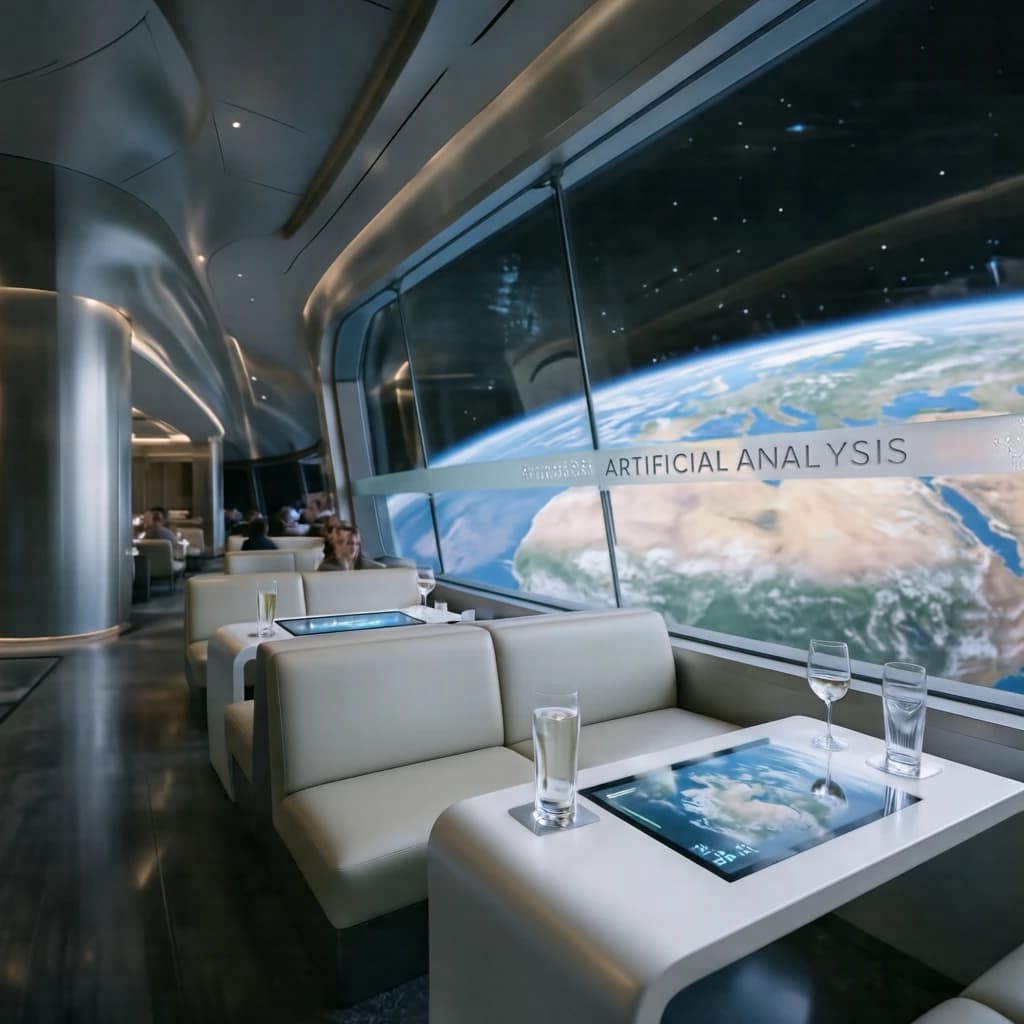 The orbital lounge has brushed aluminum walls and pale leather banquettes. Low white tables are inset with glowing touchscreens. Drinks are clear, flavorless, in tall unmarked glasses. The viewport is floor-to-ceiling, showing Earth moving slowly beneath. The word Artificial Analysis is etched discreetly on the glass in a frosted band.