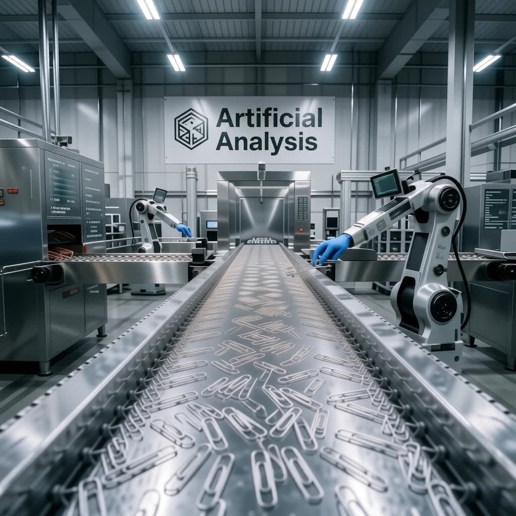 Close up point of view perspective on a conveyor belt pumping out paperclips at a maddening pace. The high tech factory has Artificial Analysis printed proudly on the wall. Robot staff look approvingly over the robust output.