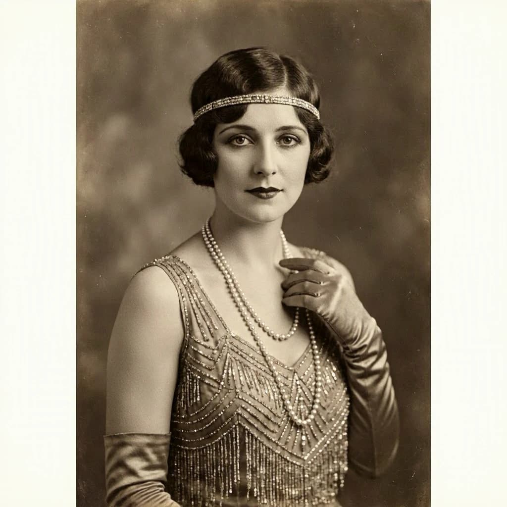 Sepia-toned studio portrait of a flapper with pearl necklace, soft grain.