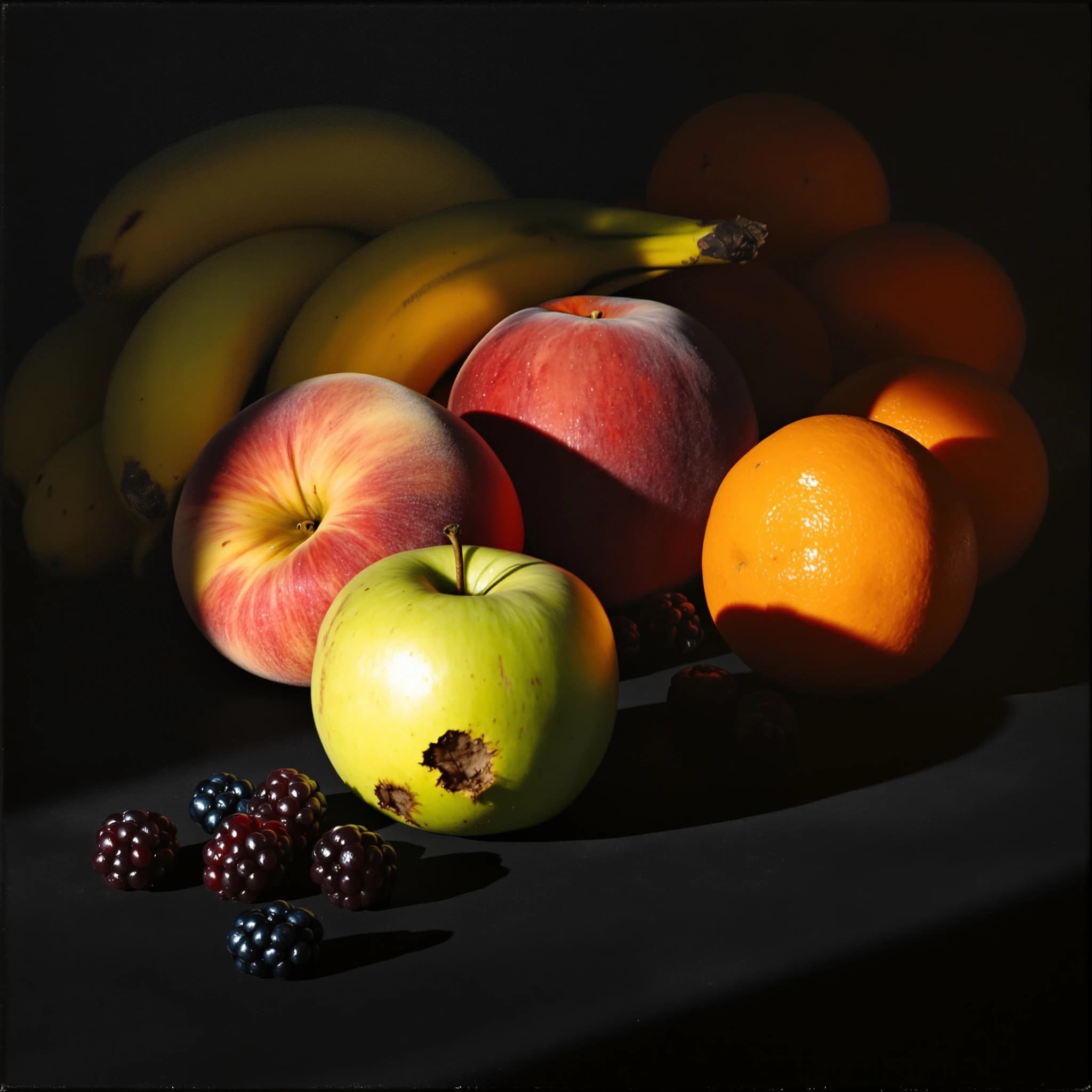 A still life scene painted oil on canvas, comprising various fruits on a black table cloth with striking lighting coming from the right out of frame, creating strong shadows. A bruised green apple is in the foreground, a peach behind it, and behind that a melange of oranges and bananas in various states of ripeness. Berries are strewn in front of the apple. The artist has signed his name "Artificial Analysis" in the bottom right corner in a hurried fashion.