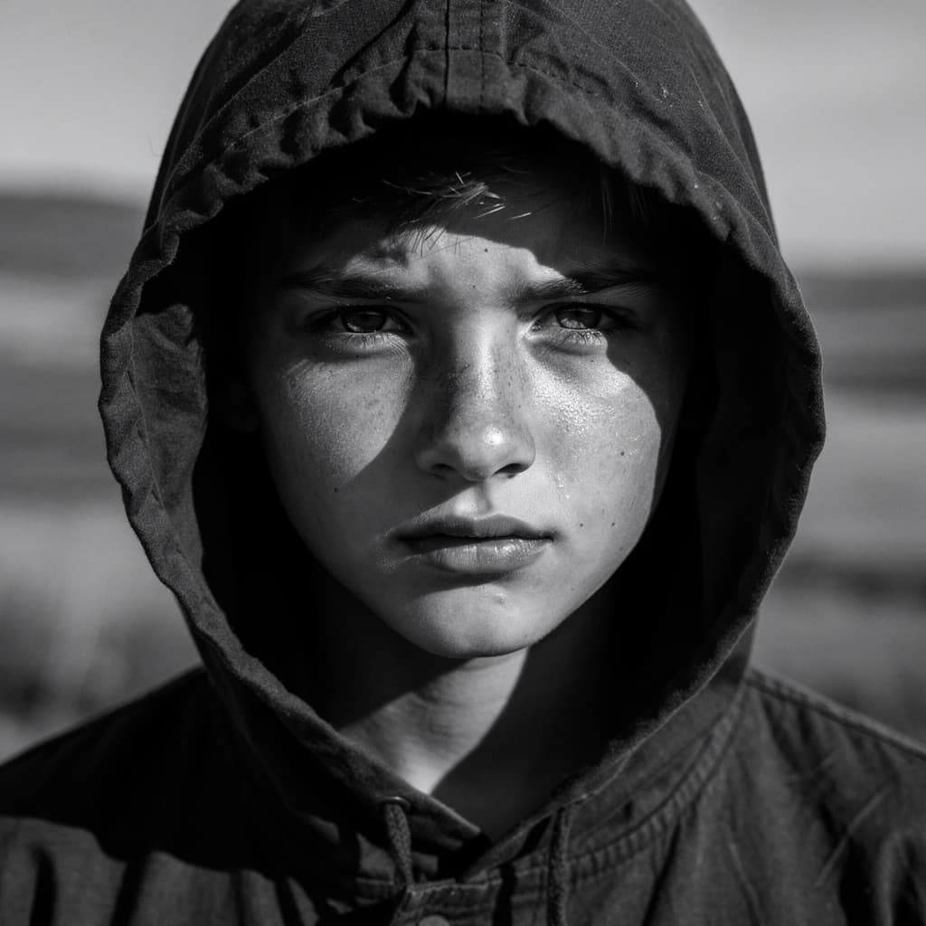 A dramatic black-and-white portrait of a young person draped in a hooded garment, their face framed by the hood's dark folds. Their skin tone and the subtle sheen on their cheeks create striking tonal contrast against the deep shadows. Their eyes are piercing, looking directly into the lens with a calm, steady intensity—neither confrontational nor submissive, but deeply present. The texture of the fabric is visible: it's dense, slightly weathered, and whisper-thin creases catch the light. In the background, an expansive, out-of-focus landscape suggests open space—perhaps distant plains or water—though the details remain soft and abstract. The overall mood is silent yet powerful, poised between vulnerability and resilience, with every highlight and shadow telling part of their story.