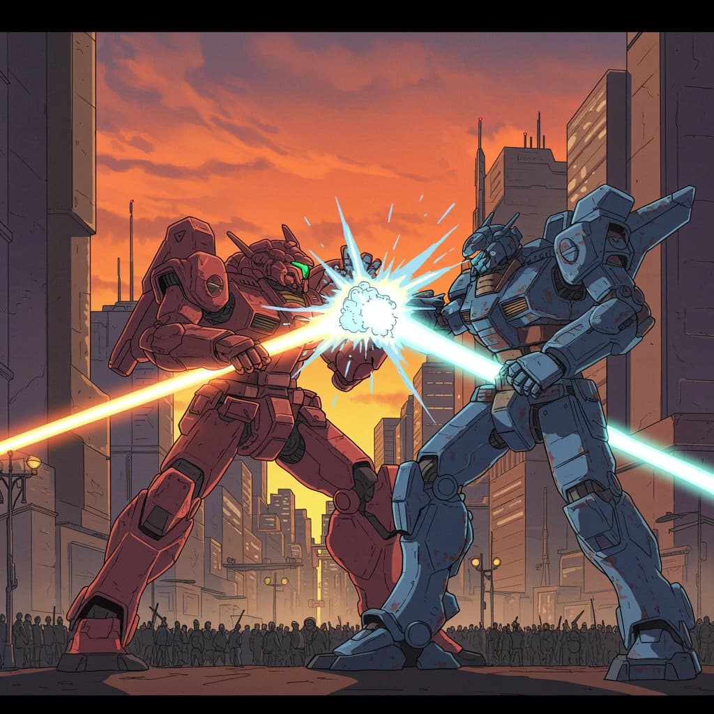 Make a cel-shaded mecha duel at dusk downtown.