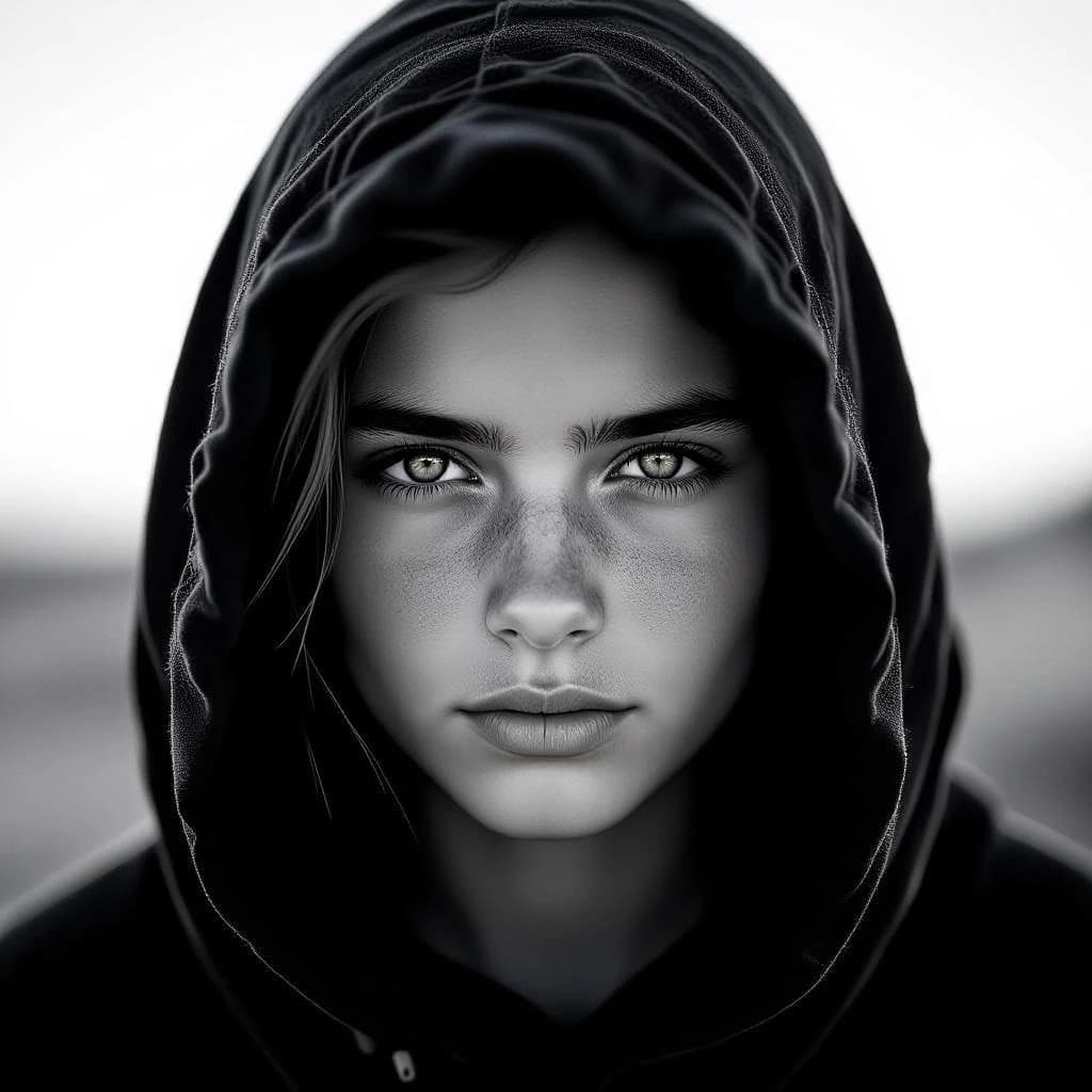 A dramatic black-and-white portrait of a young person draped in a hooded garment, their face framed by the hood's dark folds. Their skin tone and the subtle sheen on their cheeks create striking tonal contrast against the deep shadows. Their eyes are piercing, looking directly into the lens with a calm, steady intensity—neither confrontational nor submissive, but deeply present. The texture of the fabric is visible: it's dense, slightly weathered, and whisper-thin creases catch the light. In the background, an expansive, out-of-focus landscape suggests open space—perhaps distant plains or water—though the details remain soft and abstract. The overall mood is silent yet powerful, poised between vulnerability and resilience, with every highlight and shadow telling part of their story.