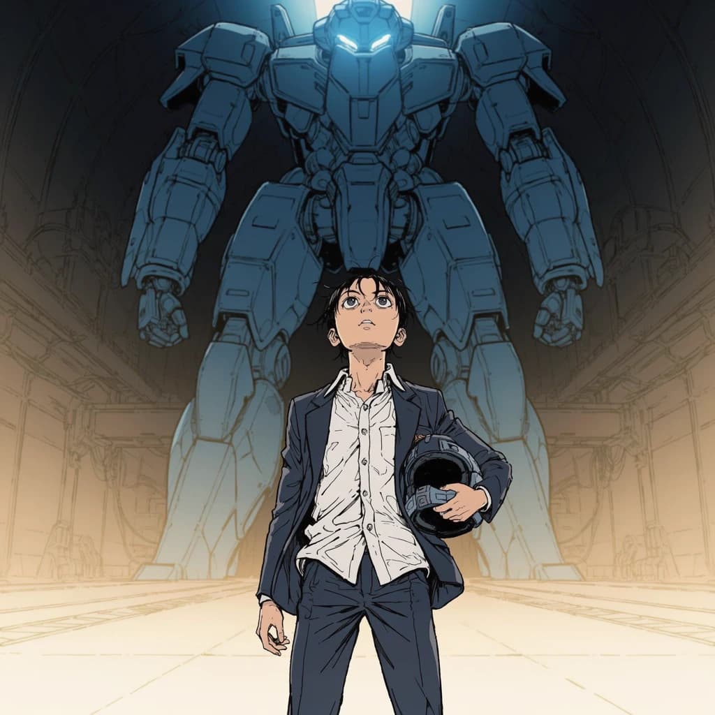 A teenage pilot grips his helmet under one arm, standing at the edge of a glowing hangar bay. Before him looms a sleek, steel-blue mech, its eyes lit with a cold electric glare. His school uniform is rumpled, a sharp contrast to the machine’s flawless plating. The vast scale engulfs him in shadow, emphasizing both awe and dread. Hand-drawn anime style.