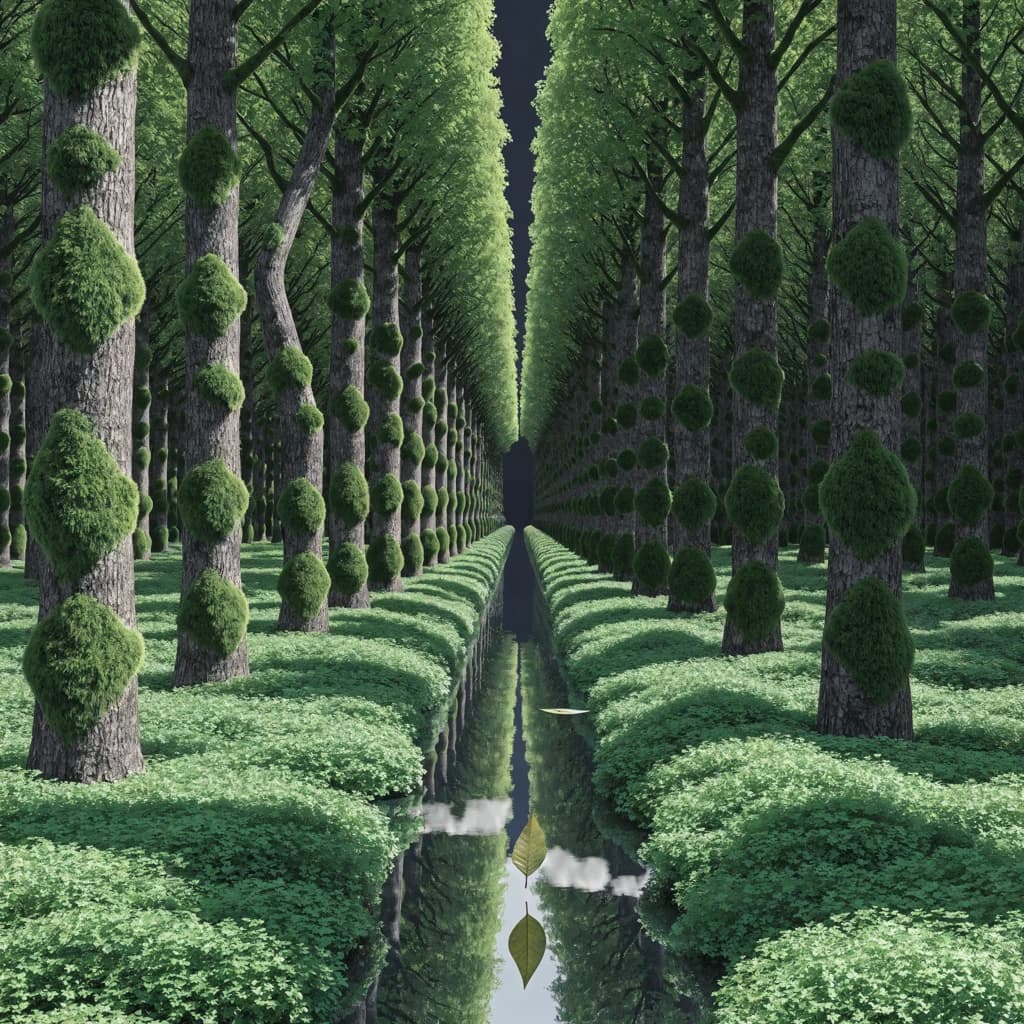 The forest is saturated green, trees identical in height and width, trunks straight, bark texture repeating. One trunk leans diagonally yet the branches remain vertical. The moss is emerald, glistening, though each patch forms identical diamond shapes. A stream runs straight, perfectly linear, water clear, reflecting clouds not visible in the sky. No animals, no insects, but one leaf floats on the water, doubled, showing two overlapping shadows.