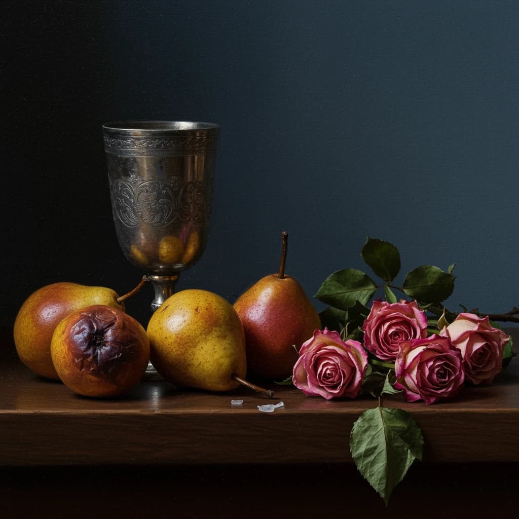 Create an oil on canvas still life with a tarnished goblet, bruised pears, and wilted roses, lit by a single candle; a bit muted palette, soft brushwork, subtle craquelure.