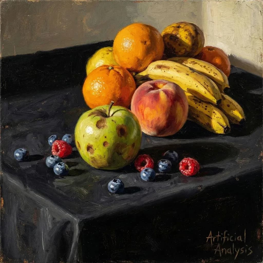 A still life scene painted oil on canvas, comprising various fruits on a black table cloth with striking lighting coming from the right out of frame, creating strong shadows. A bruised green apple is in the foreground, a peach behind it, and behind that a melange of oranges and bananas in various states of ripeness. Berries are strewn in front of the apple. The artist has signed his name "Artificial Analysis" in the bottom right corner in a hurried fashion.