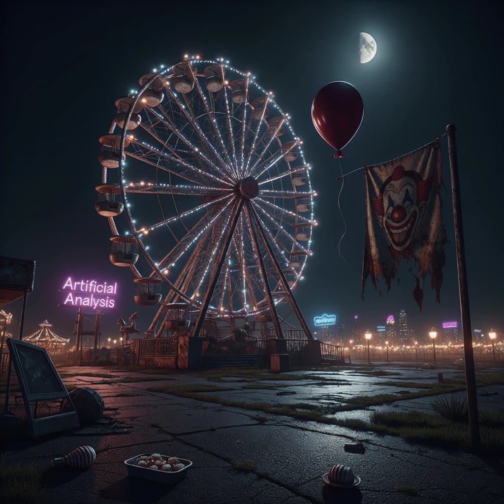 A deserted amusement park glows faintly under a half-moon. The ferris wheel is rusting yet strung with fresh, blinking LED lights. A torn clown banner flaps in a windless air. A lone balloon floats upward, tethered to nothing, while in the far distance city lights flicker on - some neon, some gas lamps as though from another century. 'Artificial Analysis' glows in neon