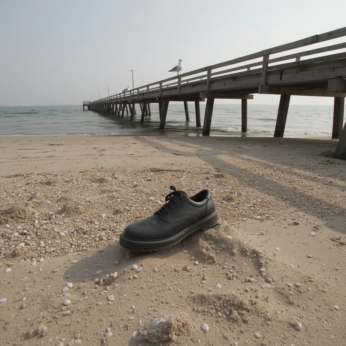 The beach is flat, sand beige, granular, no shells, except for a single left shoe, black leather, size eleven, half buried at an angle. The pier extends straight into the water, wood untreated, grain visible, though the support posts vanish before they touch the surface. The sky is uniformly gray, no clouds, yet shadows stretch at sharp diagonals. A single gull sits on the railing, wings outstretched, frozen mid-flap, no movement.
