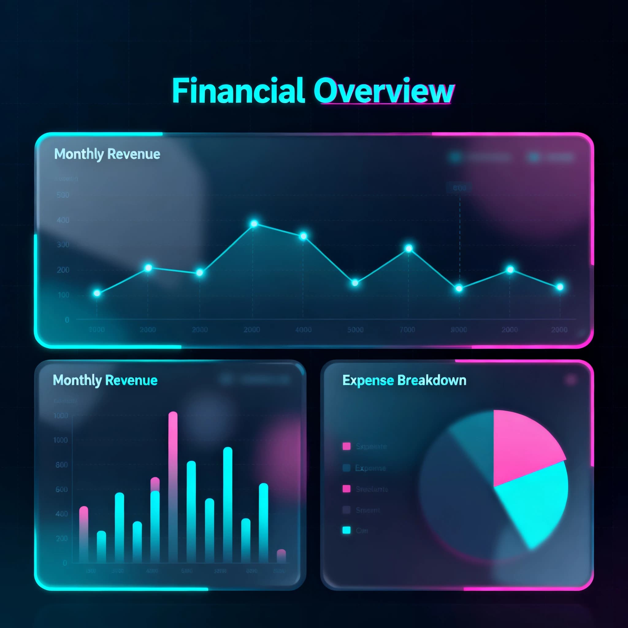 Make a dark mode finance dashboard with charts, glassmorphism, soft neon glow.