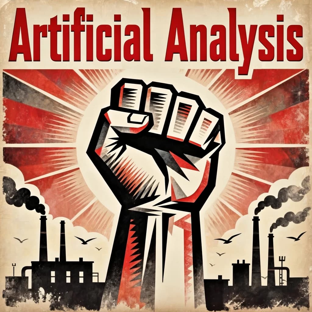 A propaganda poster in stark red, black, and beige. A clenched fist rises in the foreground, rendered with sharp geometric blocks. Behind it, radiating lines stretch upward toward a stylized sun. At the top, bold sans-serif lettering in Cyrillic-inspired type spells out Artificial Analysis, tilted at an angle for emphasis. A factory skyline silhouettes the bottom edge, smoke stacks rising into the background. The texture is rough, printed on aged paper with visible creases and ink bleed. Designed in the constructivist Soviet poster style.