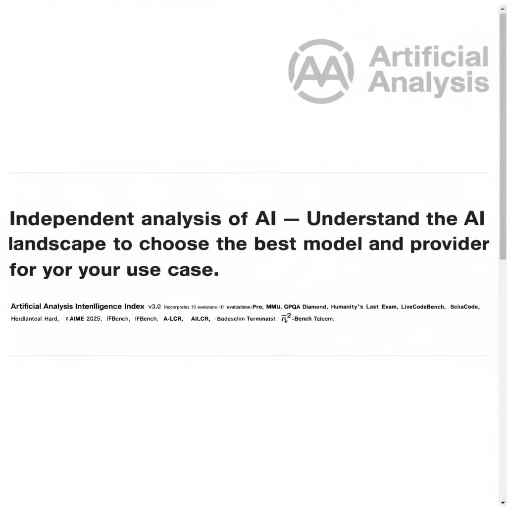 On a white dashboard with thin gray dividers, place a centered header in Helvetica Neue Bold, 20pt: “Independent analysis of AI - Understand the AI landscape to choose the best model and provider for your use case.” Directly beneath, a subheader in smaller Regular weight, 14pt: “Artificial Analysis Intelligence Index v3.0 incorporates 10 evaluations: MMLU-Pro, GPQA Diamond, Humanity's Last Exam, LiveCodeBench, SciCode, AIME 2025, IFBench, AA-LCR, Terminal-Bench Hard, 𝜏²-Bench Telecom.” The header is fully justified but the subheader is left-aligned. In the upper right corner, the Artificial Analysis logo appears watermarked, diagonal, faint gray, partially overlapping the scrollbar.