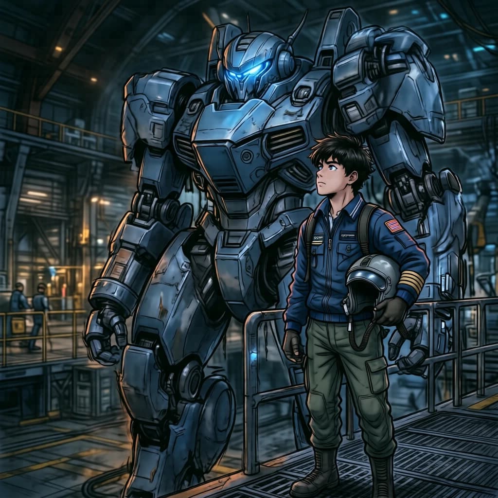 A teenage pilot grips his helmet under one arm, standing at the edge of a glowing hangar bay. Before him looms a sleek, steel-blue mech, its eyes lit with a cold electric glare. His school uniform is rumpled, a sharp contrast to the machine’s flawless plating. The vast scale engulfs him in shadow, emphasizing both awe and dread. Hand-drawn anime style.