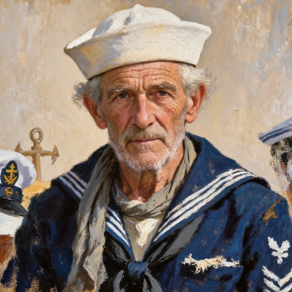 Oil on canvas portrait of an elderly sailor, weathered face, soft light.