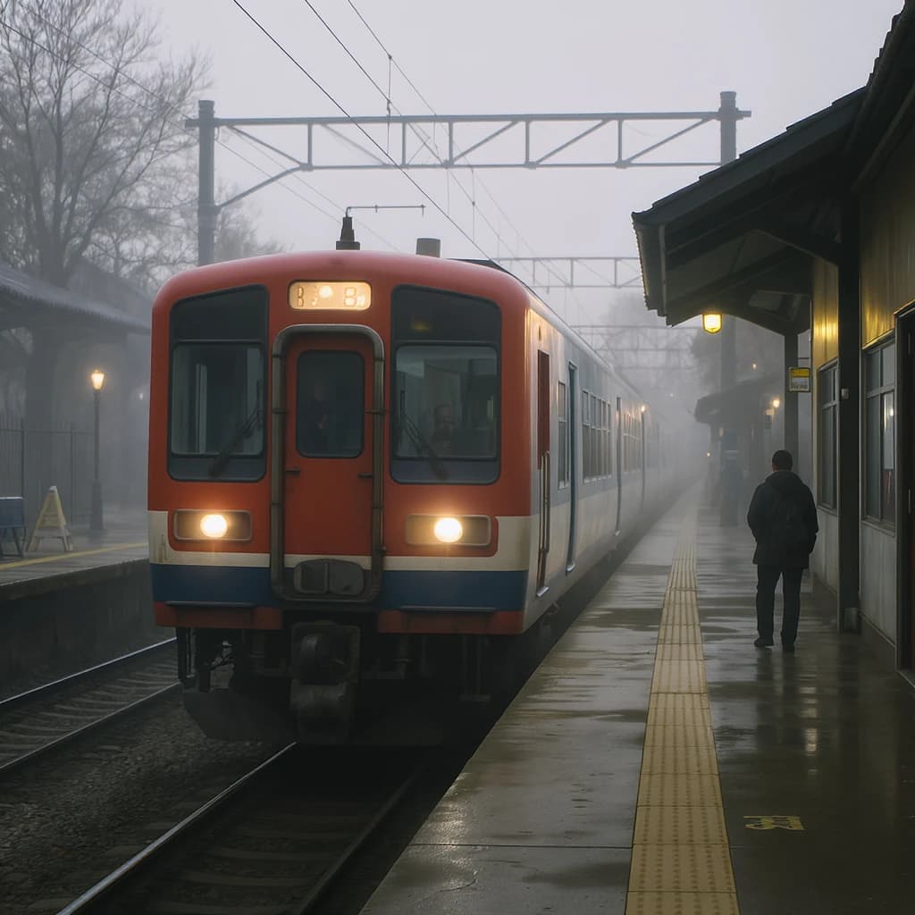 A commuter train enters a foggy little station.