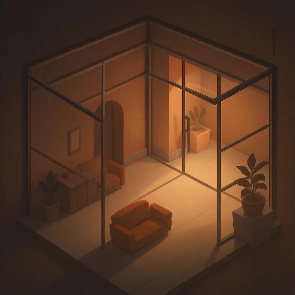 Isometric 3D lobby, glass walls, warm lights, slightly moody, soft shadows.