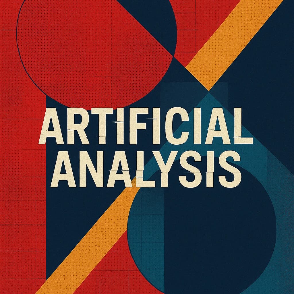 A bold poster composition dominated by flat geometric shapes in crimson, cobalt, and ochre. Overlapping circles and sharp diagonal lines create dynamic tension across the frame. A single sans-serif word — Artificial Analysis — stretches across the center in stark white, distorted slightly as though caught mid-glitch. The background is textured with halftone dots and faint grid lines, while subtle overlays of translucent rectangles suggest depth. Designed in the spirit of modernist Swiss typography fused with digital glitch aesthetics.