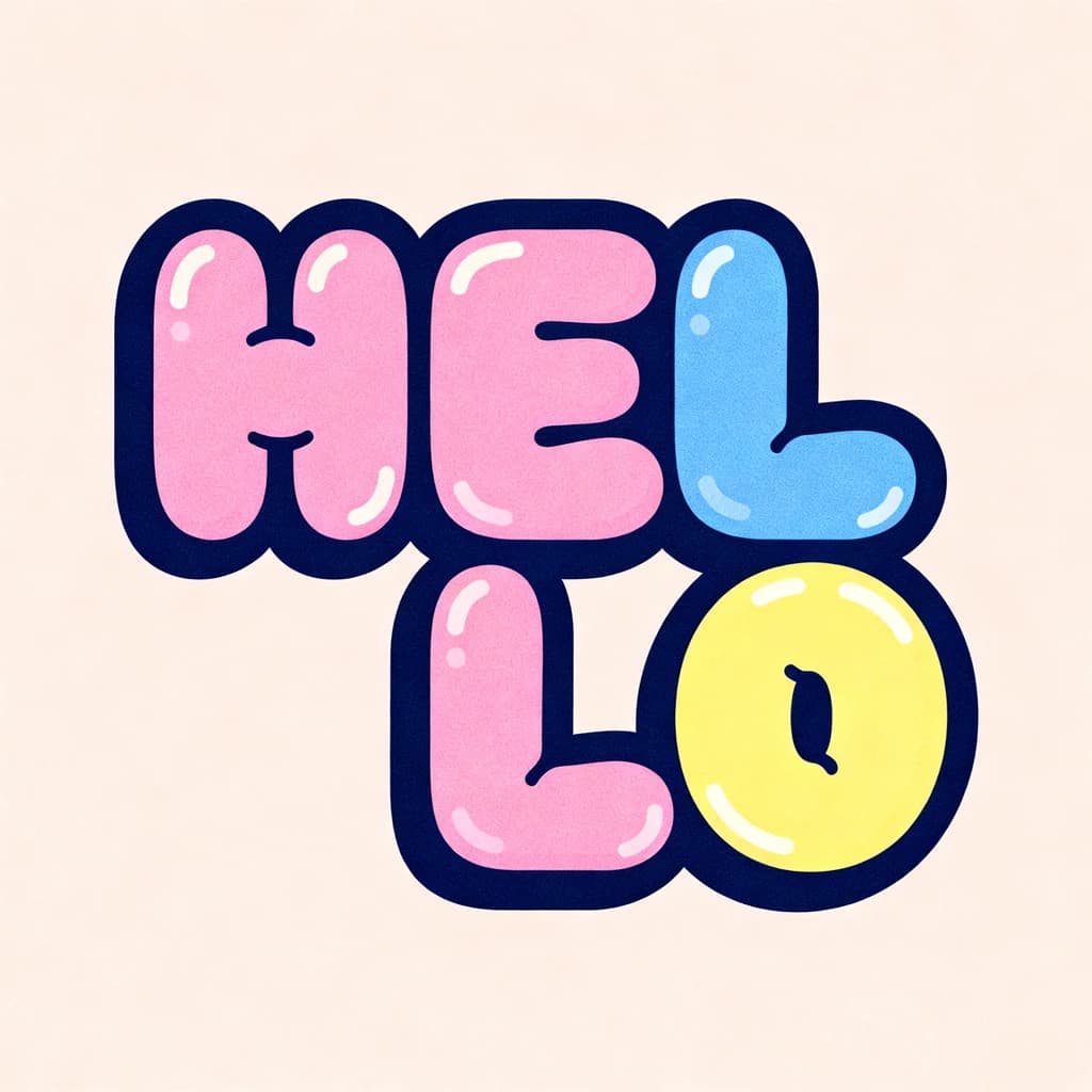 Make a bold bubble-letter poster that says HELLO, pastel palette, thick outline.