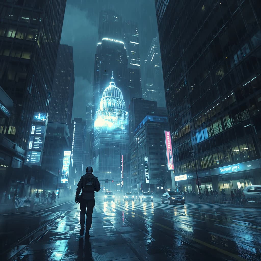Rain-soaked neon megacity at night, flying taxis weave between glass towers, giant holograms flicker; a lone courier in a matte exosuit, somewhat cinematic wide angle.