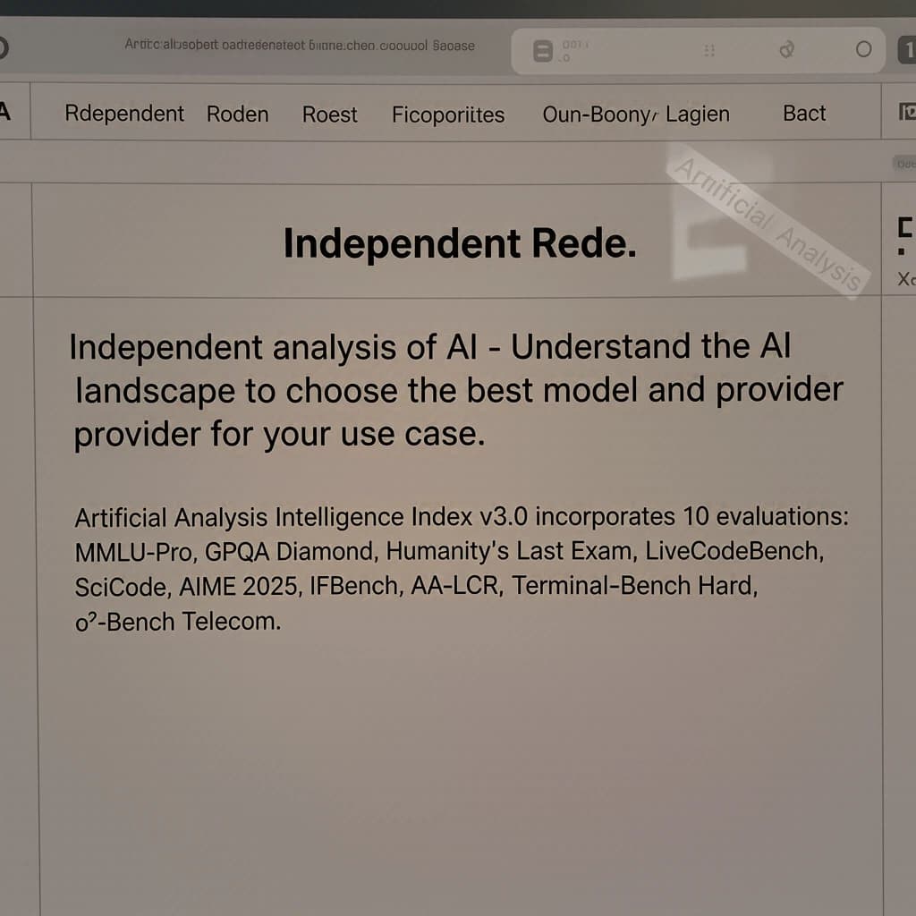On a white dashboard with thin gray dividers, place a centered header in Helvetica Neue Bold, 20pt: “Independent analysis of AI - Understand the AI landscape to choose the best model and provider for your use case.” Directly beneath, a subheader in smaller Regular weight, 14pt: “Artificial Analysis Intelligence Index v3.0 incorporates 10 evaluations: MMLU-Pro, GPQA Diamond, Humanity's Last Exam, LiveCodeBench, SciCode, AIME 2025, IFBench, AA-LCR, Terminal-Bench Hard, 𝜏²-Bench Telecom.” The header is fully justified but the subheader is left-aligned. In the upper right corner, the Artificial Analysis logo appears watermarked, diagonal, faint gray, partially overlapping the scrollbar.