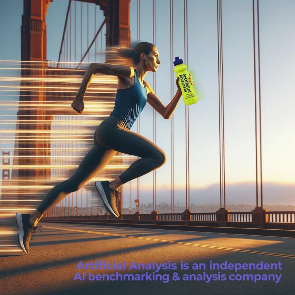 A runner dashes across the Golden Gate Bridge at dawn, sunlight streaming between cables. In their hand, they carry a neon-green sports drink with the brand name Artificial Analysis splashed boldly across the bottle. Motion blur emphasizes speed, while crisp purple sans serif typography overlays the bottom right of the scene with the tagline: Artificial Analysis is an independent AI benchmarking & analysis company