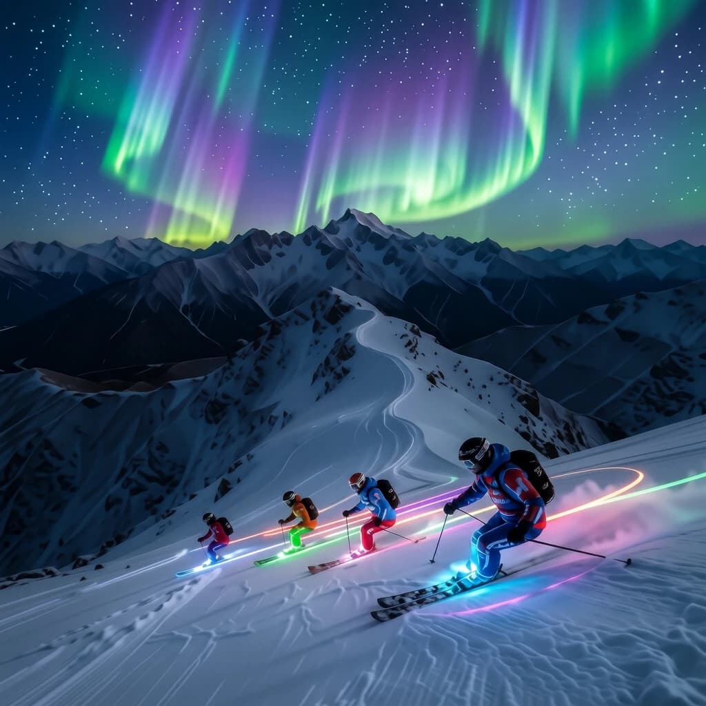Coronet Peak Night Skiing: Skiers in colorful LED suits carve their way down the slopes of New Zealand's Coronet Peak under the Aurora Borealis, the skiers' light trails visible behind them