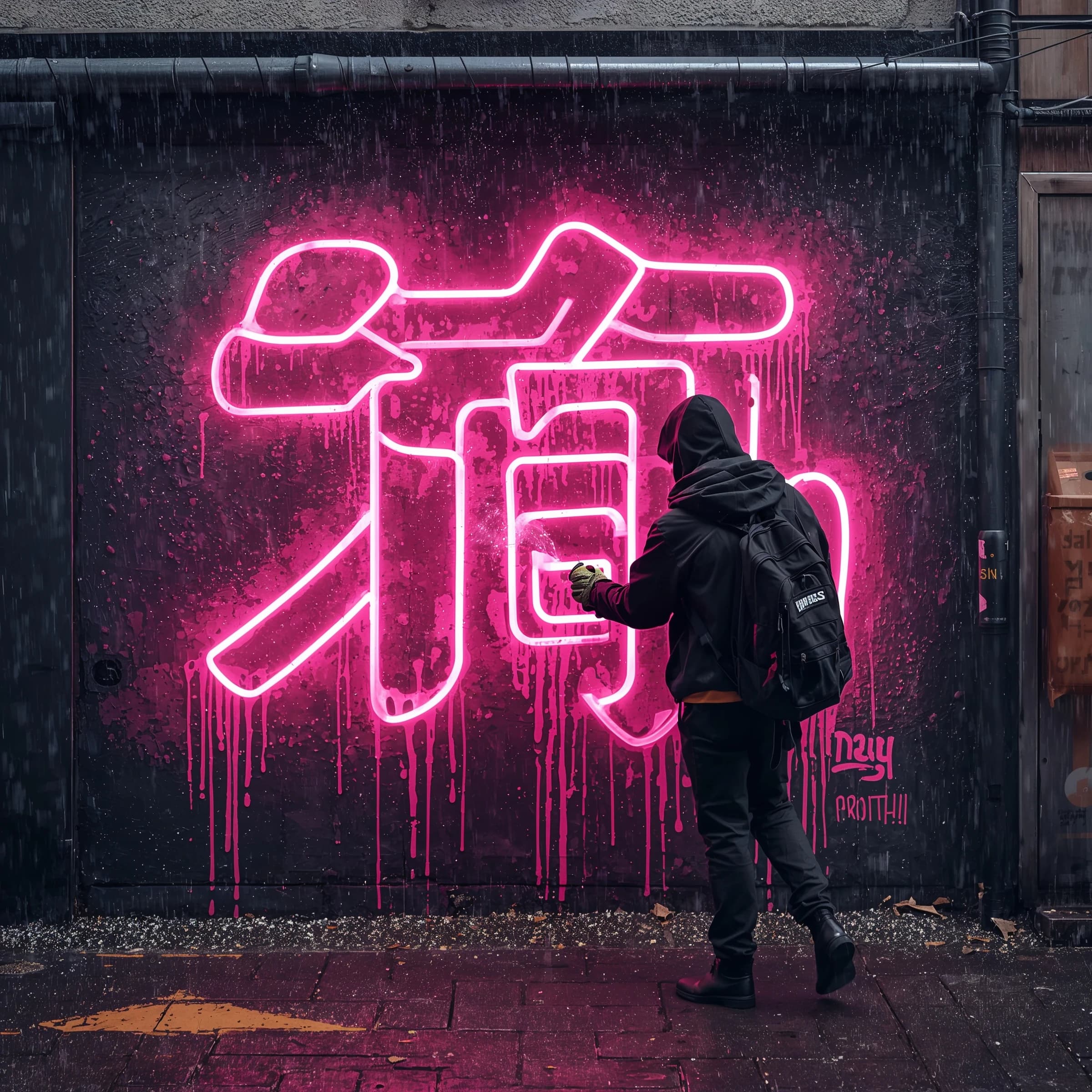 Chibi artist sprays huge neon kanji on a rainy alley wall, with sparkles.