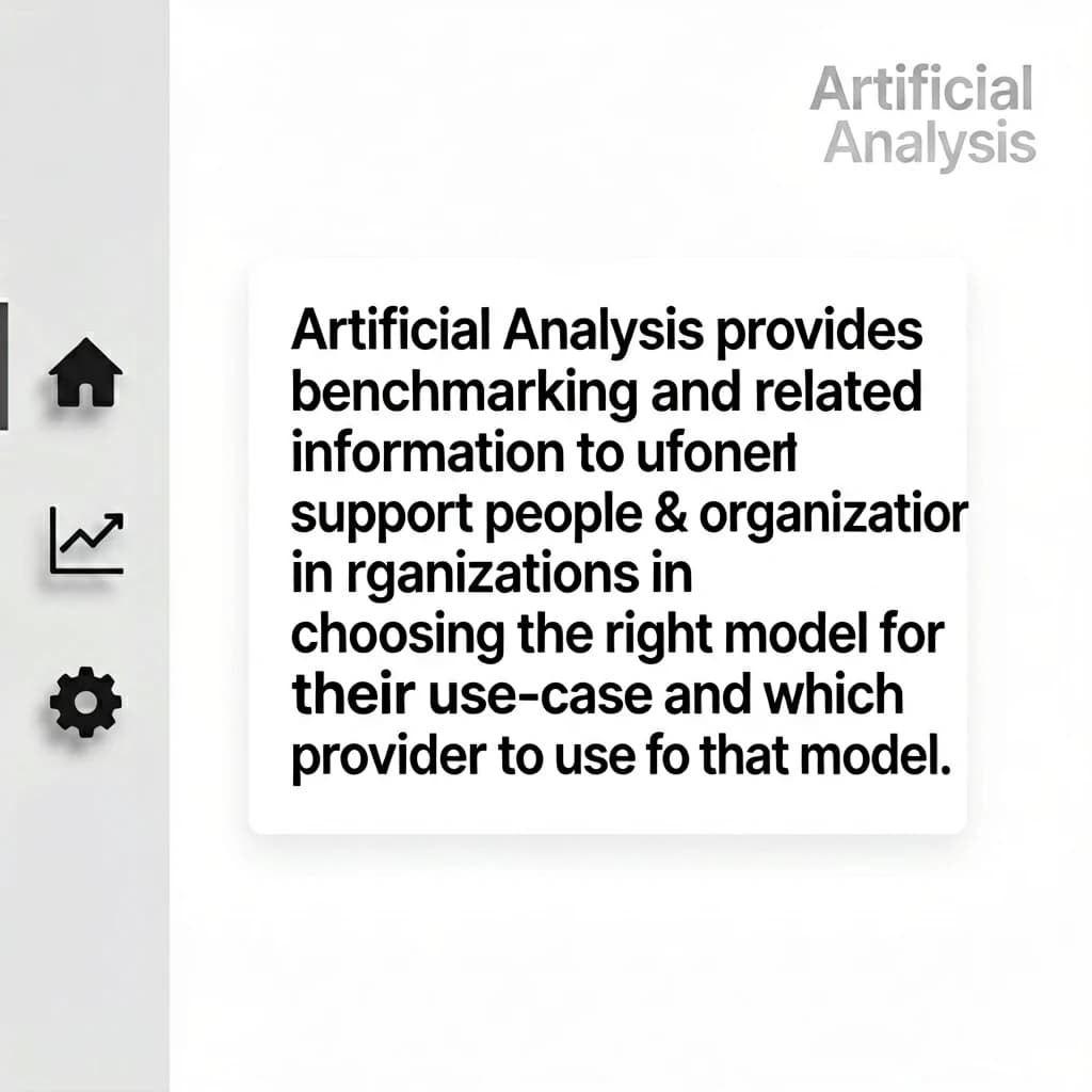 On a high-resolution dashboard mockup with a clean white background, display a centered text module in Helvetica Neue Regular, 18pt, black: “Artificial Analysis provides benchmarking and related information to support people & organizations in choosing the right model for their use-case and which provider to use for that model.” The text box is justified, but the final word wraps awkwardly onto its own line. To the left, a vertical navigation bar in light gray with three icons - home, chart, and settings - aligned evenly but casting misaligned shadows. In the upper right, the Artificial Analysis logo appears faintly, semi-transparent, watermarked over the corner of the interface.