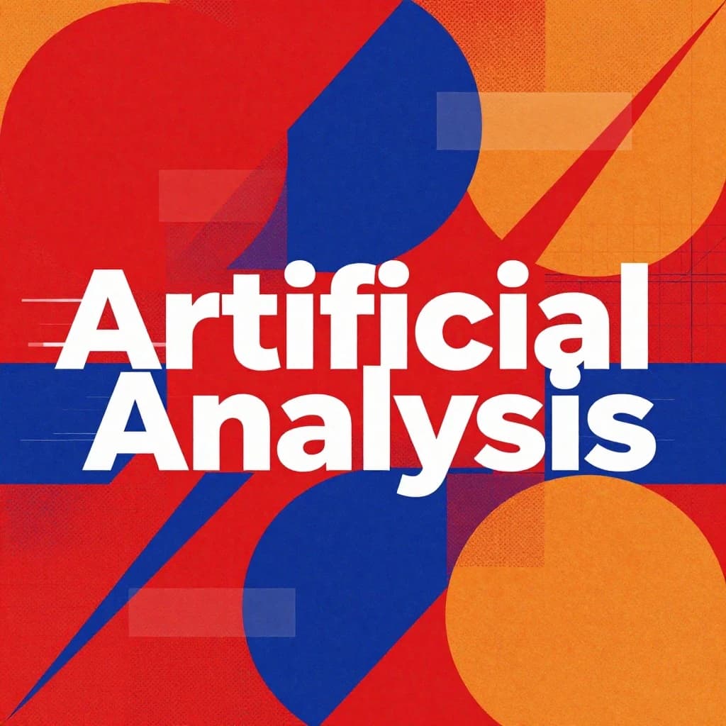 A bold poster composition dominated by flat geometric shapes in crimson, cobalt, and ochre. Overlapping circles and sharp diagonal lines create dynamic tension across the frame. A single sans-serif word — Artificial Analysis — stretches across the center in stark white, distorted slightly as though caught mid-glitch. The background is textured with halftone dots and faint grid lines, while subtle overlays of translucent rectangles suggest depth. Designed in the spirit of modernist Swiss typography fused with digital glitch aesthetics.