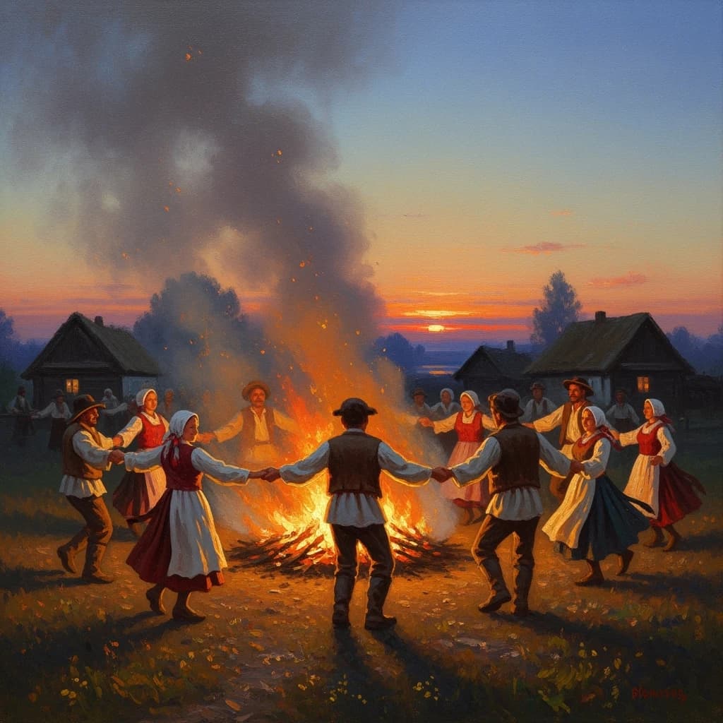Make an oil painting of villagers dancing by a bonfire at dusk, a bit smoky.