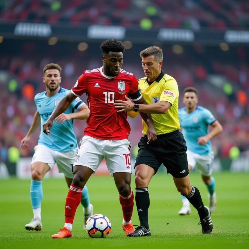 The soccer player clashes with the ref. It is thick and humid and the heat is getting to the players. His friend tries to pull him off before he causes any more trouble.