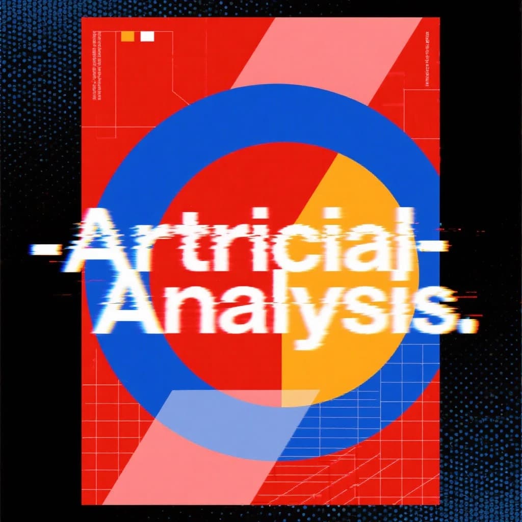 A bold poster composition dominated by flat geometric shapes in crimson, cobalt, and ochre. Overlapping circles and sharp diagonal lines create dynamic tension across the frame. A single sans-serif word — Artificial Analysis — stretches across the center in stark white, distorted slightly as though caught mid-glitch. The background is textured with halftone dots and faint grid lines, while subtle overlays of translucent rectangles suggest depth. Designed in the spirit of modernist Swiss typography fused with digital glitch aesthetics.