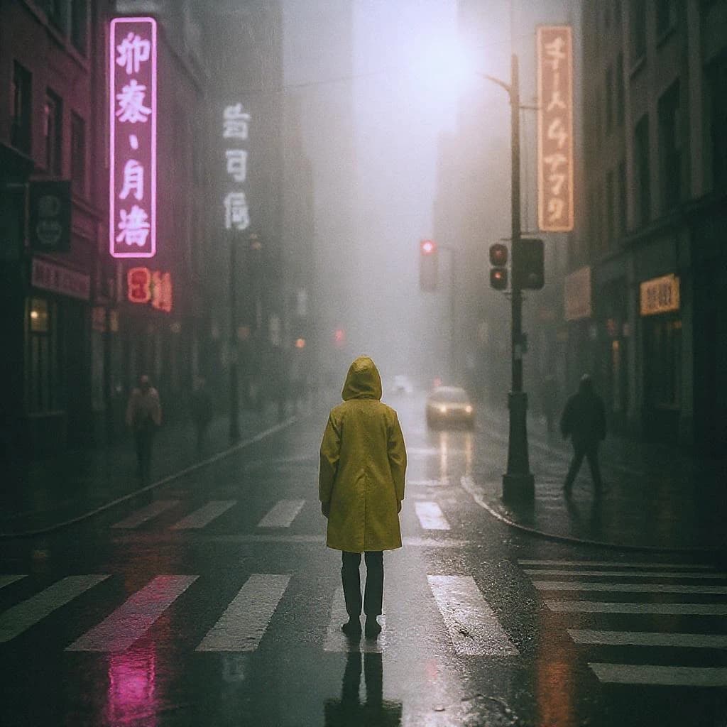 A sunlit city street after rain; puddles mirror neon signs as a woman in a yellow raincoat waits at a crosswalk, soft mist, 50mm look, natural tones, a bit of film grain.