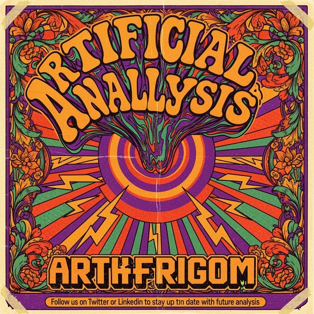 A portrait layout psychedelic concert poster from 1972 bathed in saturated oranges, deep purples, and acid greens. Swirling, hand-drawn typography arcs across the top, spelling out Artificial Analysis in bold, distorted letters that melt into spirals. Surrounded by radiating concentric circles and lightning-bolt motifs. The background is textured with halftone dots and faded paper creases, evoking a well-worn poster taped to a brick wall. Ornate floral borders frame the design, while the bottom features blocky retro lettering listing “Follow us on Twitter or LinkedIn to stay up to date with future analysis” in smaller text. 